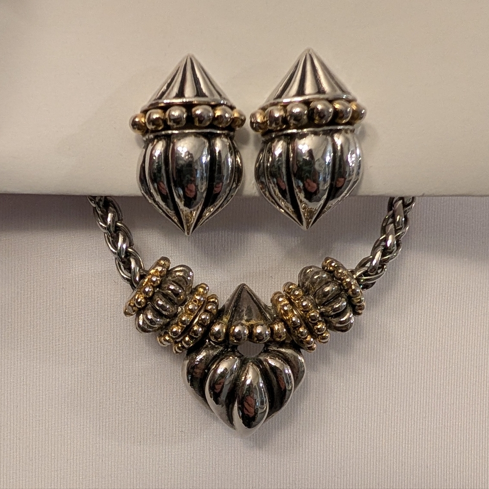 Silver & Gold 2 Tone Jewelry Set Chunky VTG Choker & Clip One Earrings Magnetic